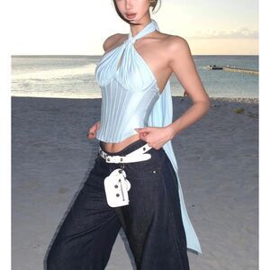 Rovente Blue Draped Halterneck Corset Top